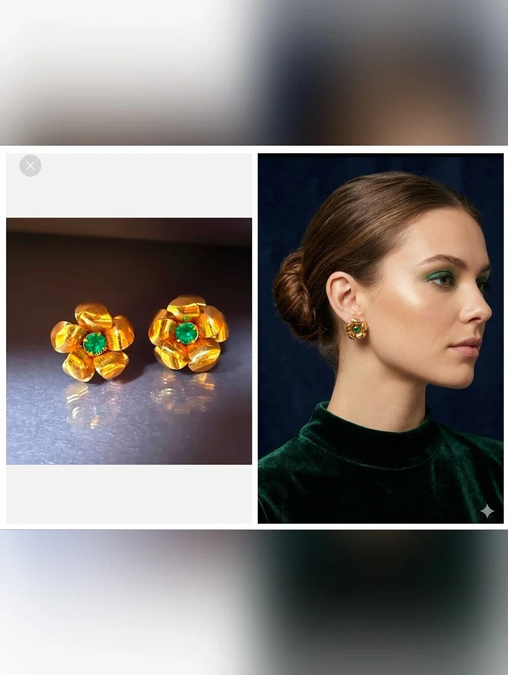 Coro Gold Tone 3D Flower Earrings with Green Stone